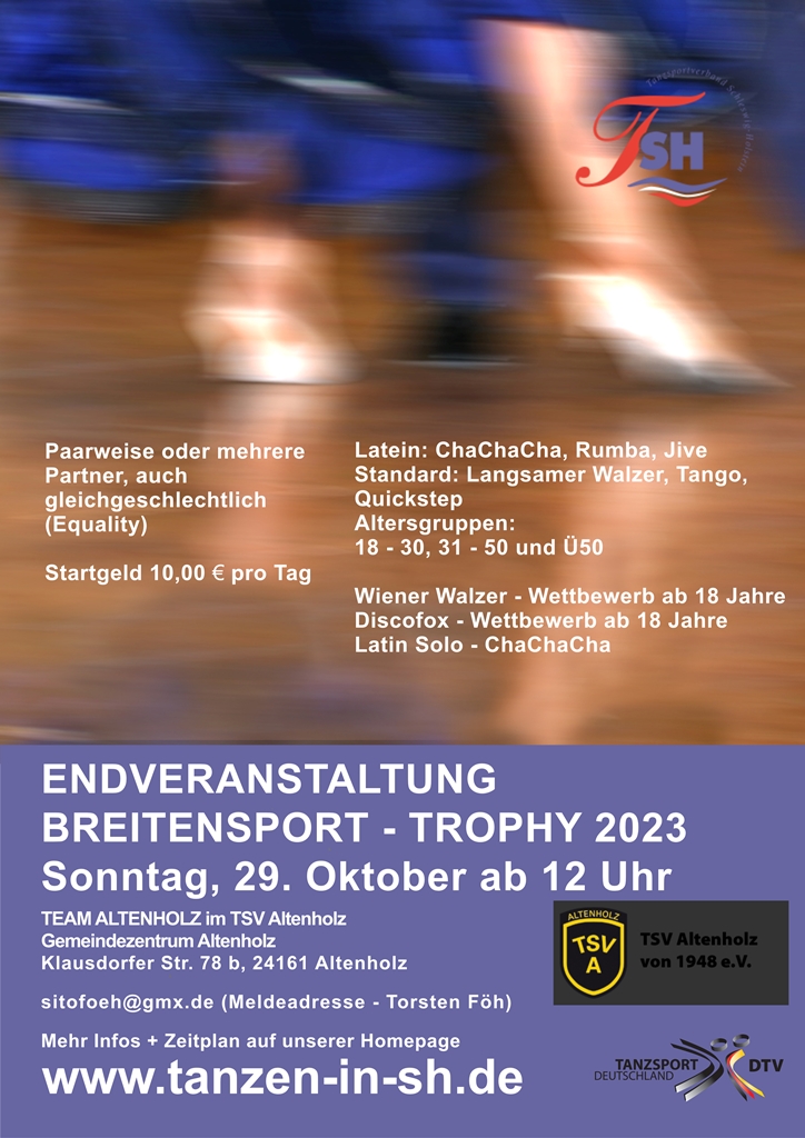 Ankündigung zur Endveranstaltung der Paartanz-Breitensport-Trophy 2023 am Sonntag, den 29. Oktober im Gemeindezentrum Altenholz