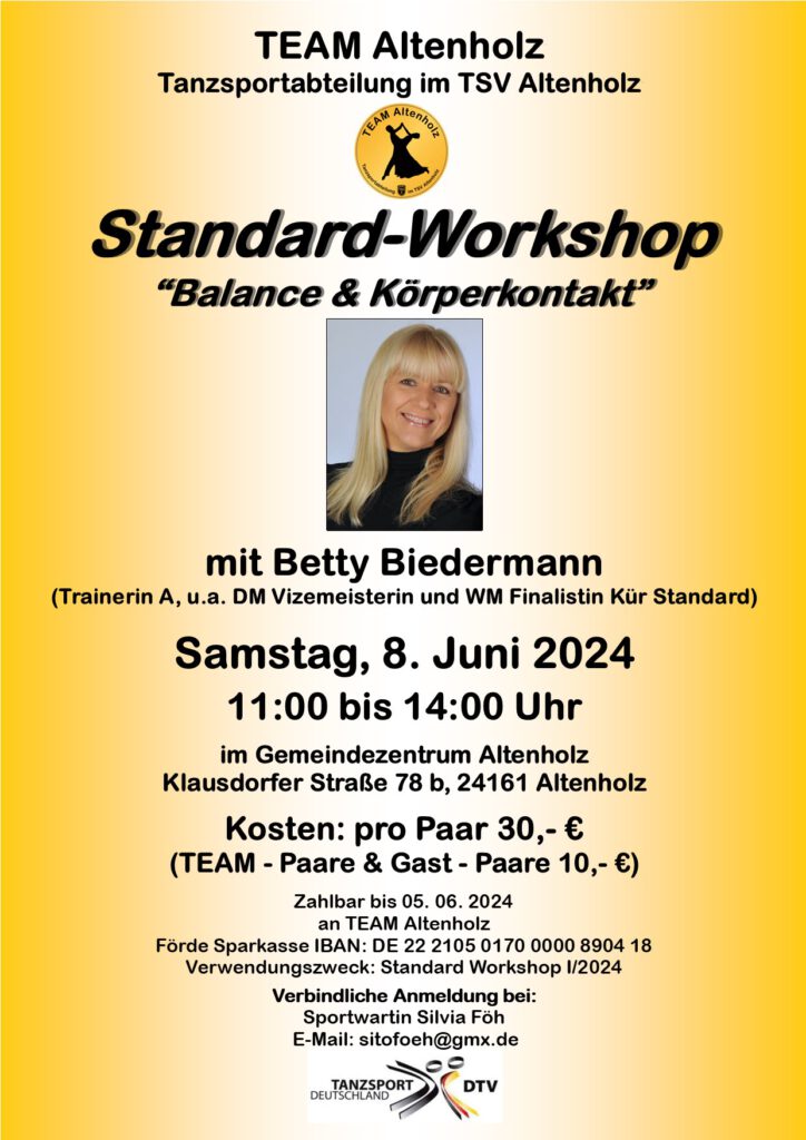 Standard Workshop für Balance und Körperkontakt mit Betty Biedermann für Tanzpaare am 8.6.2024