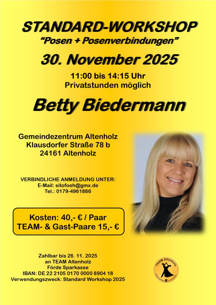 Plakat für Standard-Workshop mit Betty Biedermann am 30.11.2025 im Gemeindezentrum Altenholz