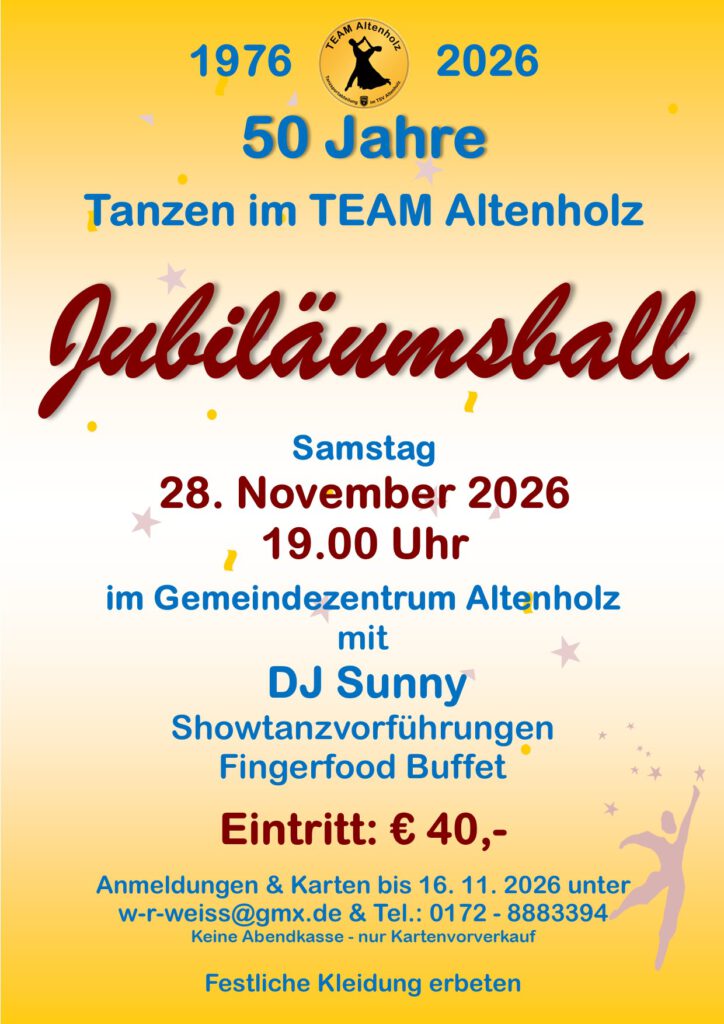 Plakat zur Einladung für den Jubiläumsball 50 Jahre TEAM Altenholz am 28.11.2026 im Gemeindezentrum Altenholz